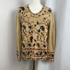 VTG Cottagecore Sweater Womens Small Tan Floral Embroidered Boho‎ Granny Chic